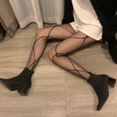 Retro Leopard Pattern Jacquard Pantyhose Women's Hollow Mesh Socks Black Bottom Socks Silk Socks