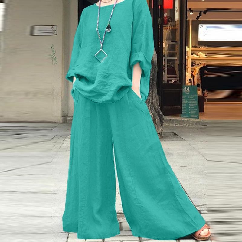 Solid color cotton linen shirt long sleeved pants set two-piece set