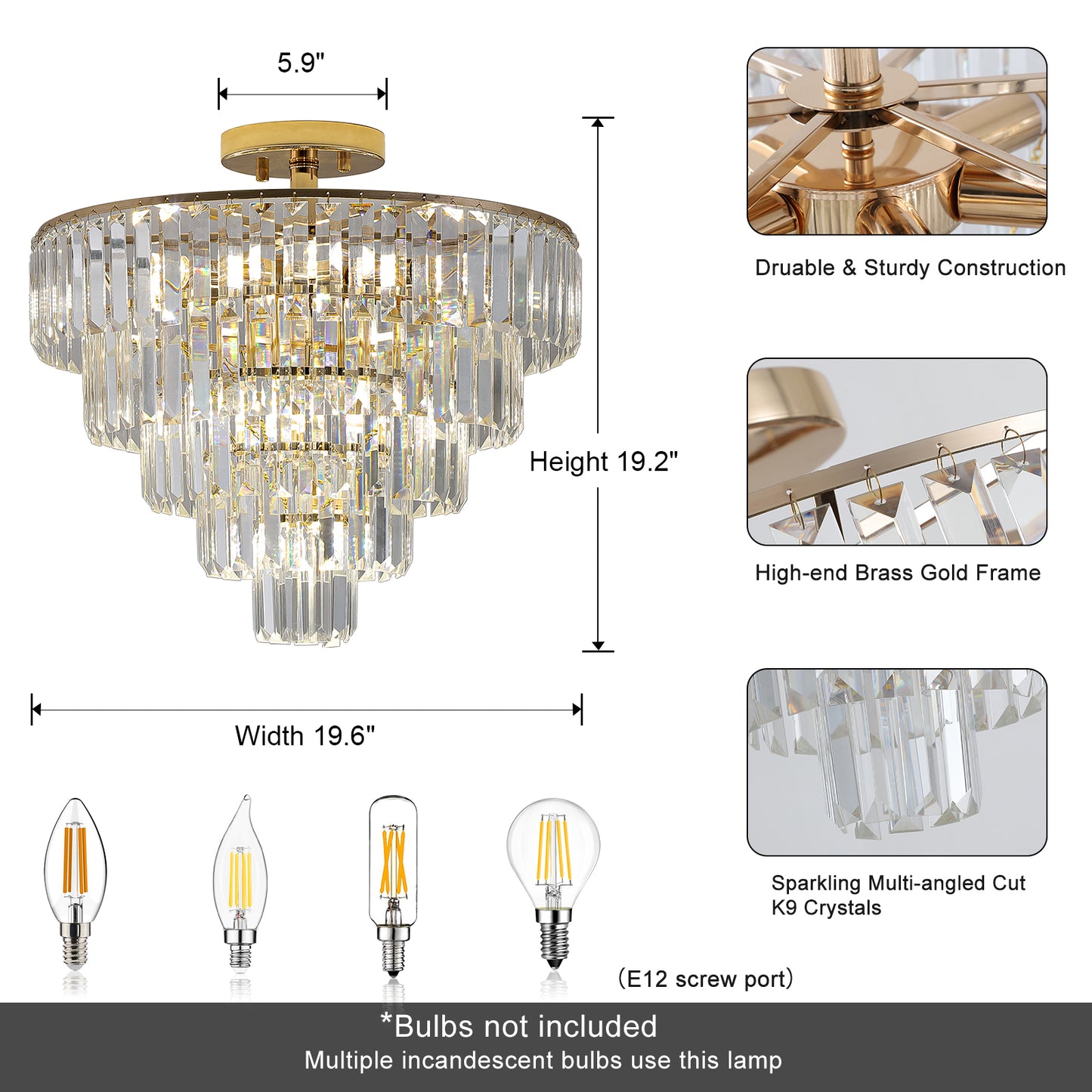 Gold Crystal Chandeliers,5-Tier Round Semi Flush Mount Chandelier Light Fixture,Large Contemporary Luxury Ceiling Lighting