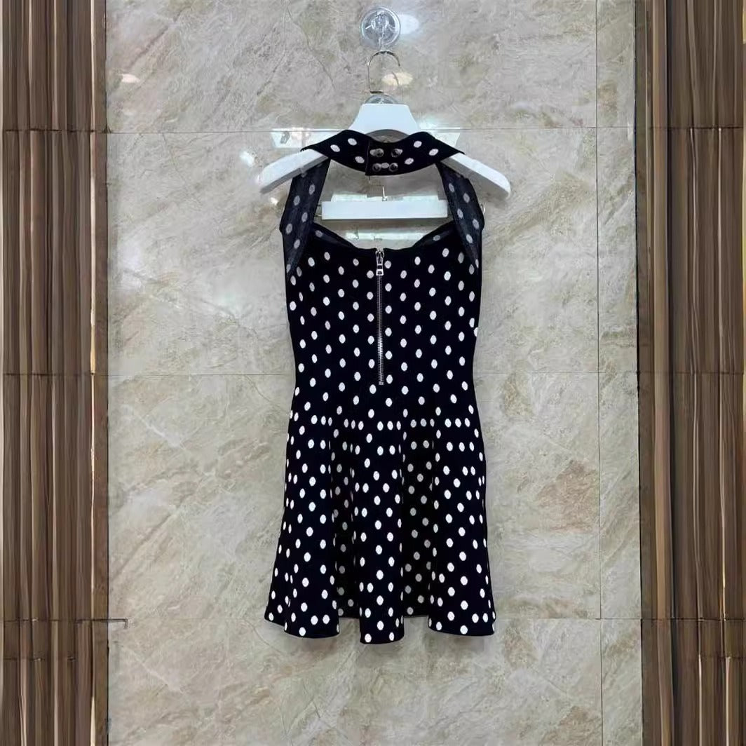 A polka dot jacquard neck hanging dress