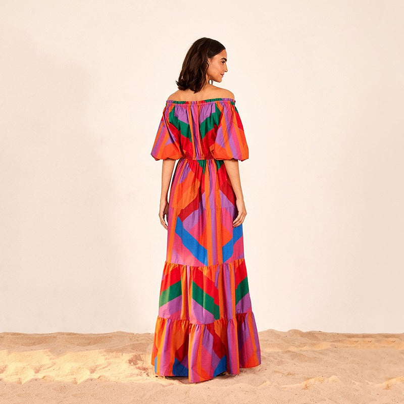 Wrapped chest gradient printed patchwork dress long skirt