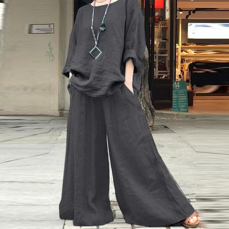 Solid color cotton linen shirt long sleeved pants set two-piece set