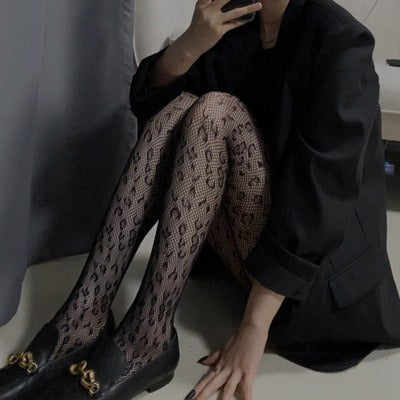 Retro Leopard Pattern Jacquard Pantyhose Women's Hollow Mesh Socks Black Bottom Socks Silk Socks