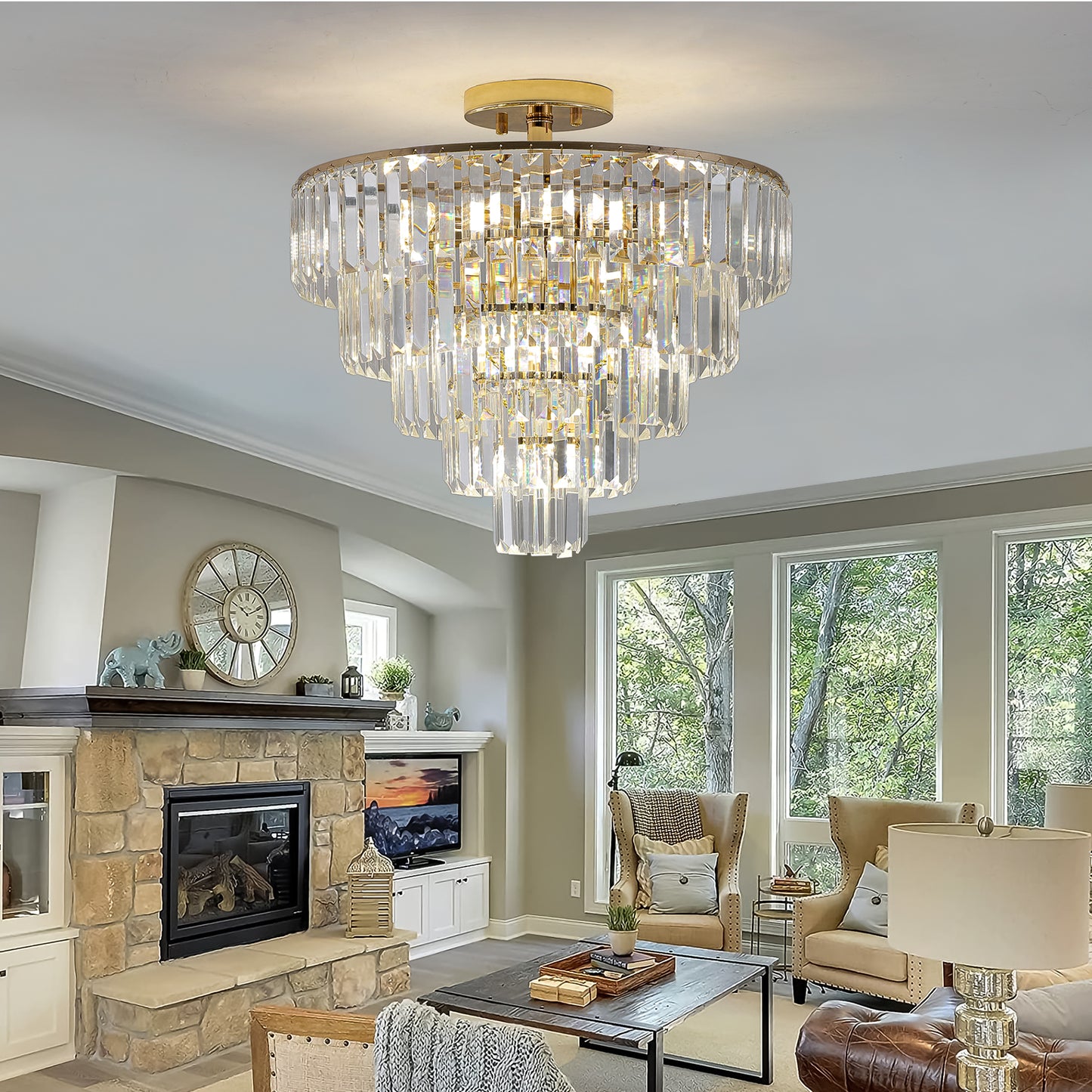 Gold Crystal Chandeliers,5-Tier Round Semi Flush Mount Chandelier Light Fixture,Large Contemporary Luxury Ceiling Lighting