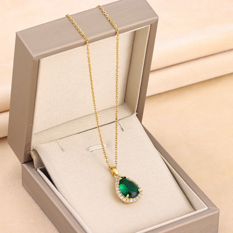 Light luxury retro green zircon crystal water drop pendant titanium steel necklace women's classic stainless steel collarbone