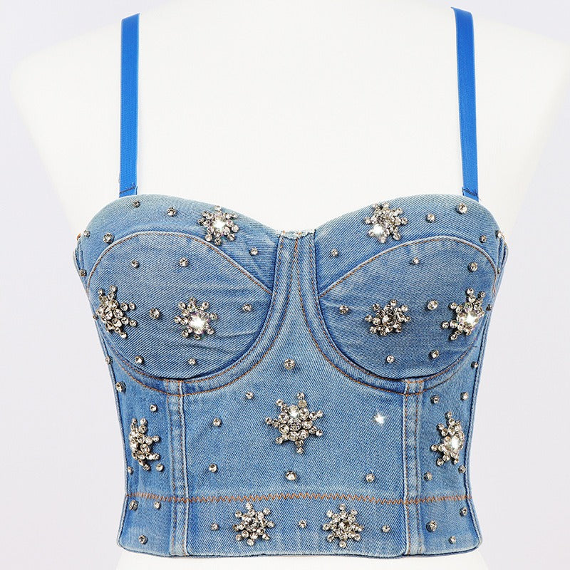 Dingzhu vest, low cut suspender, high waist, navel exposed, shaping bra, Korean version denim back