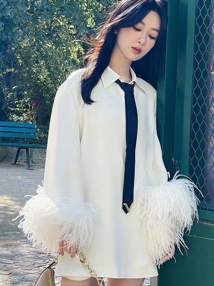 White shirt dress women's feather trumpet sleeve necktie small fragrant short skirt