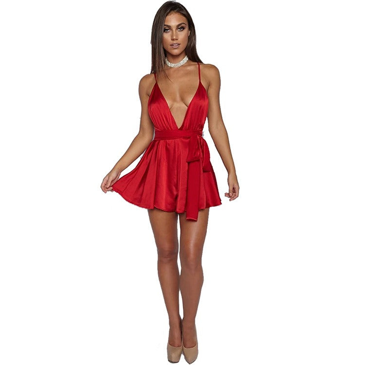 Satin deep V-low cut long lace up tied skirt pants with bare back short suspender dress