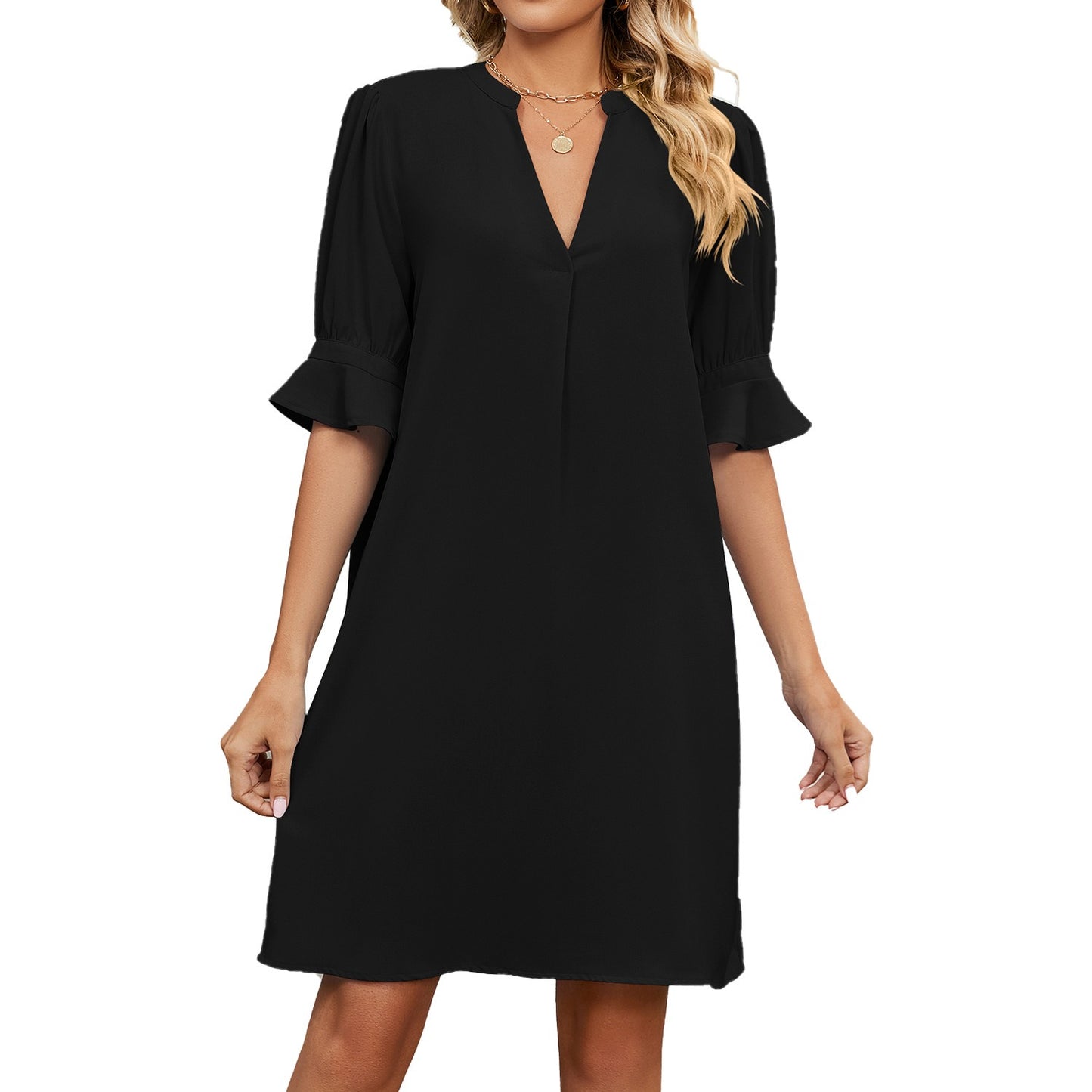 Summer new solid color V-neck loose pleated 5/4 sleeve dress for women