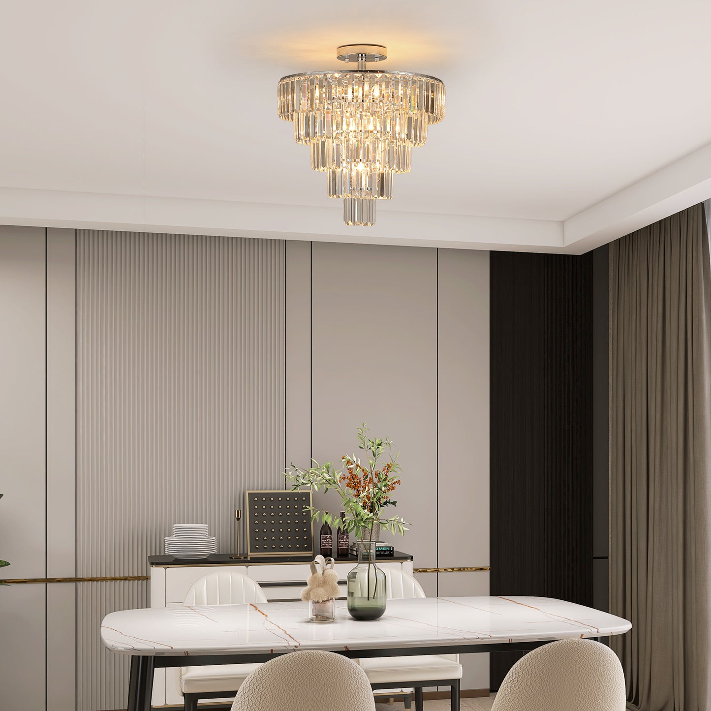 Large crystal chandelier in white chrome color, modern style chandelier, dining room, living room, bedroom