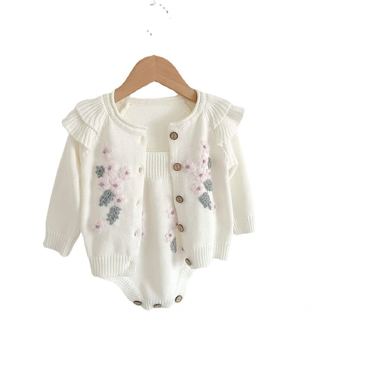 Infant and toddler 3-9 month baby set, flower coat, shoulder strap, zipper, climbing suit, two-piece set