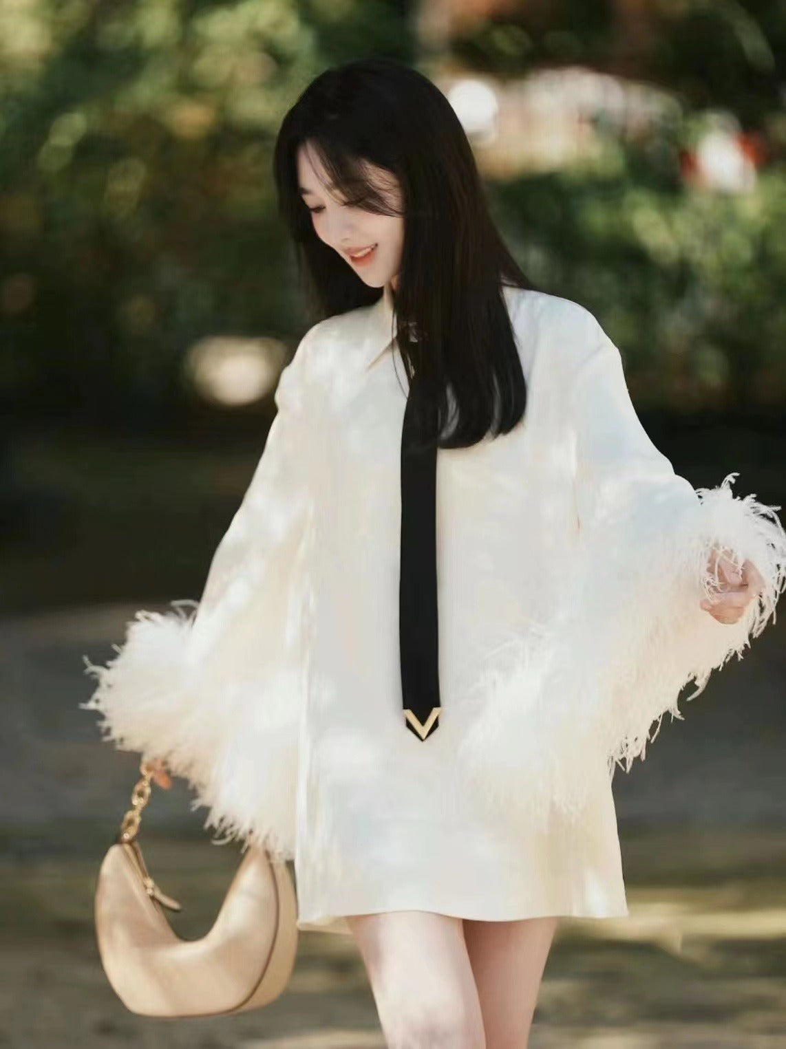 White shirt dress women's feather trumpet sleeve necktie small fragrant short skirt