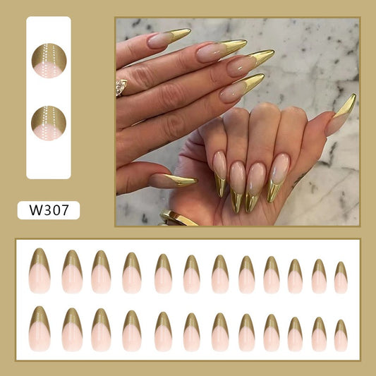 Simple pearlescent gold French almond nail wear nails special nail pieces wholesale finished wind fake nails