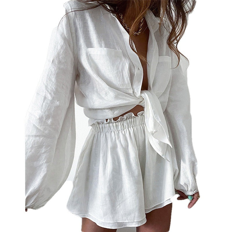 Women's casual fashion solid color ruffled edge shorts shirt set