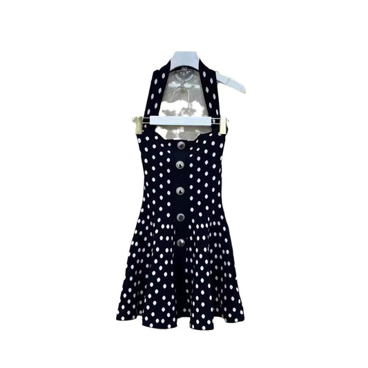 A polka dot jacquard neck hanging dress