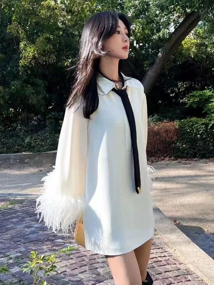 White shirt dress women's feather trumpet sleeve necktie small fragrant short skirt