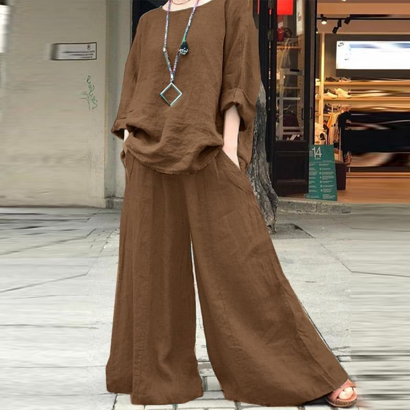 Solid color cotton linen shirt long sleeved pants set two-piece set