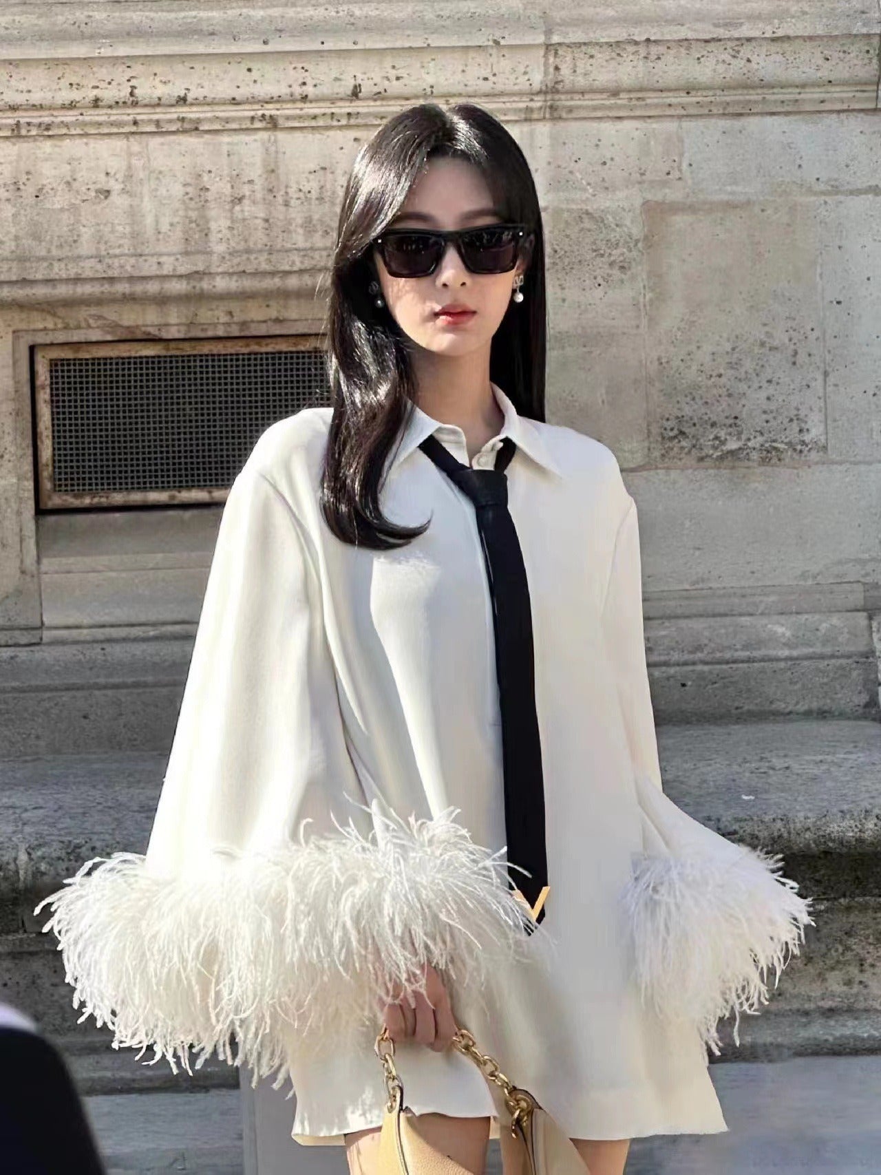 White shirt dress women's feather trumpet sleeve necktie small fragrant short skirt