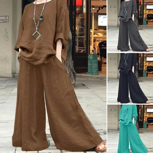 Solid color cotton linen shirt long sleeved pants set two-piece set