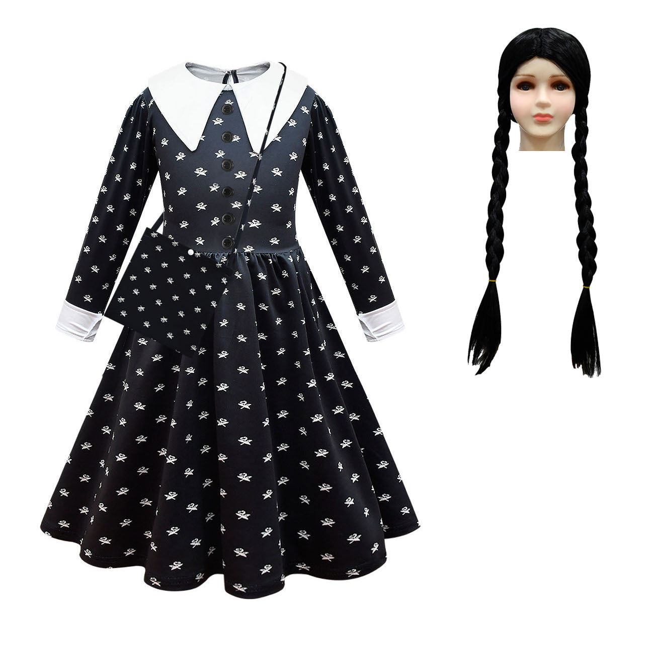 Childrens Long Sleeved Dresses Adams Family Cosplay Girls Lapel Mid Length Dresses